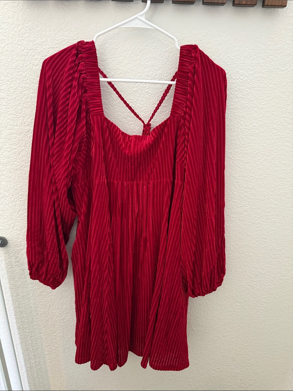 Red Pleated Velvet Long-Sleeve Mini Dress